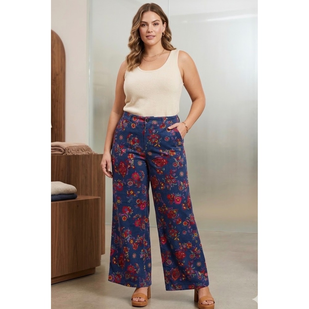 ModCloth Women's 16W Blue Floral Paisley Corduroy Wide Leg High Rise Pants NWT